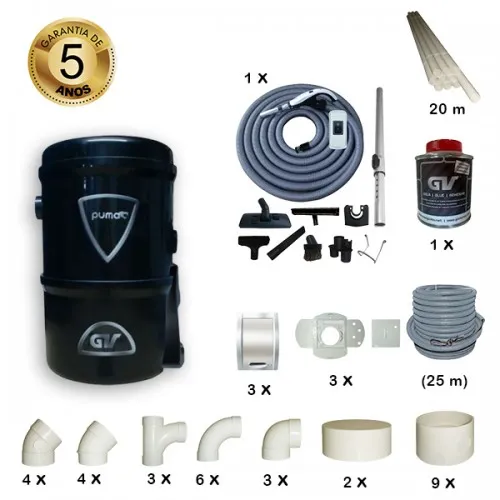 Pack Máquina de Aspiração Central Mini S c/ 3 Tomadas - GV